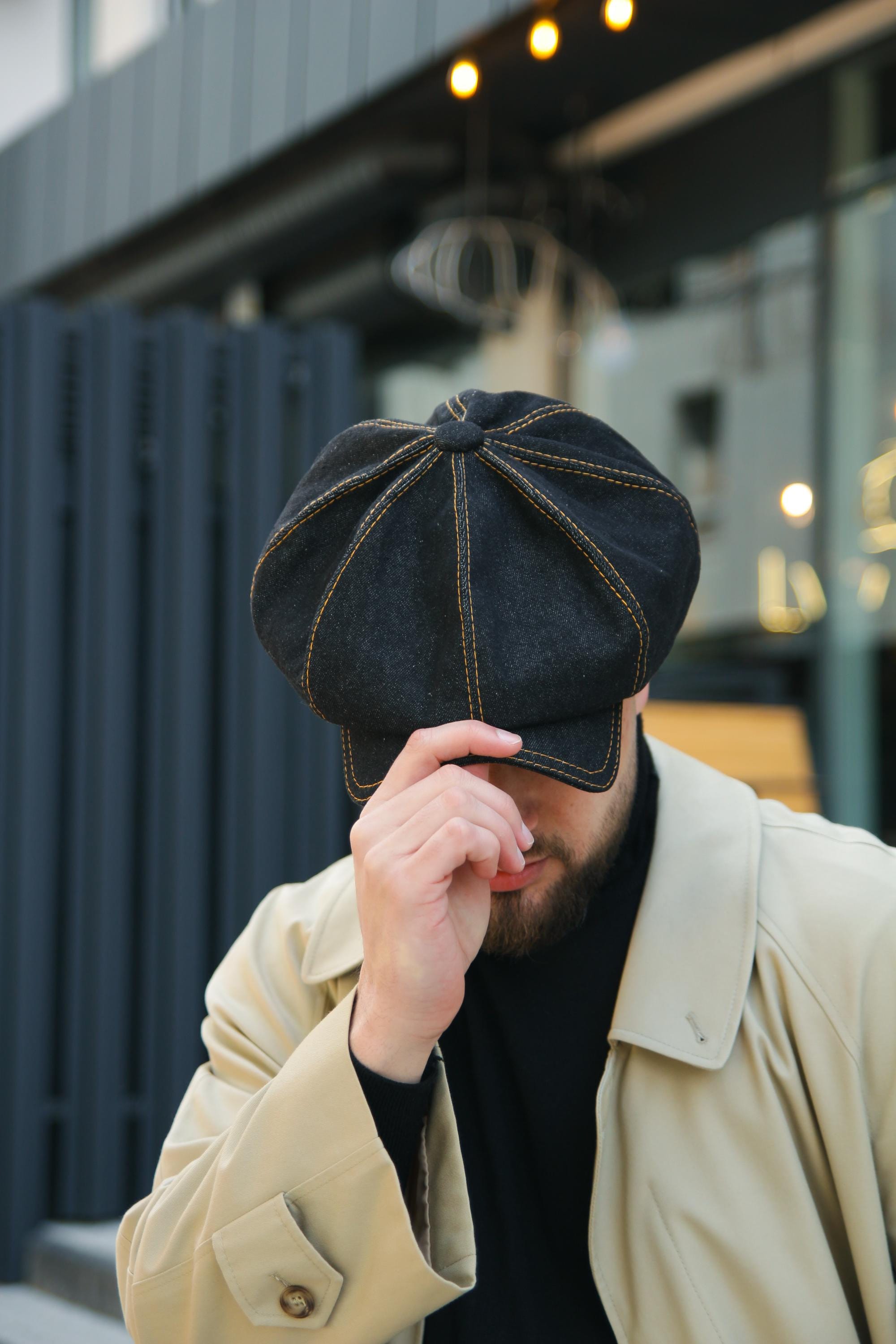 Distressed Black Denim Page Boy Hat SHELBY Denim Newsboy Cap 8-panel Gatsby Baker Boy Hat  main image 2