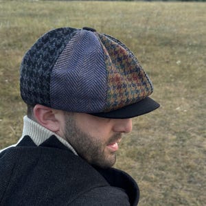 Wool multicolored patchwork cap,wool newsboy hat man,black-grey retro Gavroche hat,wool old-fashioned mens hats,handmade wool applejack cap image 1
