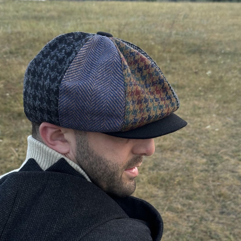 Wool multicolored patchwork cap,wool newsboy hat man,black-grey retro Gavroche hat,wool old-fashioned mens hats,handmade wool applejack cap image 1