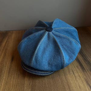 Gorra Newsboy de mezclilla azul bicolor, gorra de mezclilla azul claro + azul oscuro, gorra Applejack de 8 paneles de mezclilla, gorra hooligan azul, gorra Baker Boy, gorra Peaky Blinders