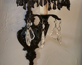 Black Metal Vintage Wall Sconce w Hanging Glass Baubles and Chandelier Shade - Perfect for Adding a Touch of Gothic Vibe to Your Room