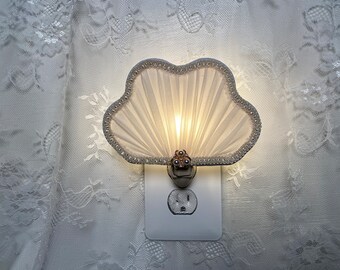 Victorian Nightlight in a Ivory Silk Chiffon Fan Shape, Unique Guest Room Wall Sconce, One of a Kind