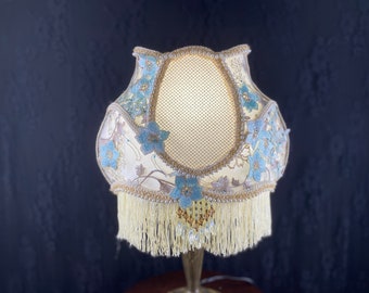 Victorian Parlor Lampshade in Turquoise Blue, Handcrafted with Gold details, Pearl Trim &  Beaded Fringe,