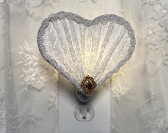 Victorian Heart Nightlight in White Lace, Guest Room or Hallway Light, Unique Wall Sconce
