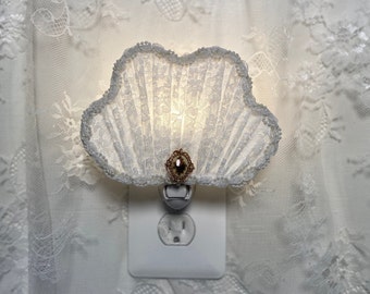 White Lace Victorian Nightlight in a Fan Shape, Unique Guest Room Wall Sconce, One of a Kind