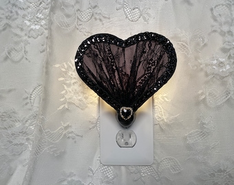 Chantilly Victorian Heart Nightlight in Black Lace, Hallway Wall Sconce, Guest Room Lamp