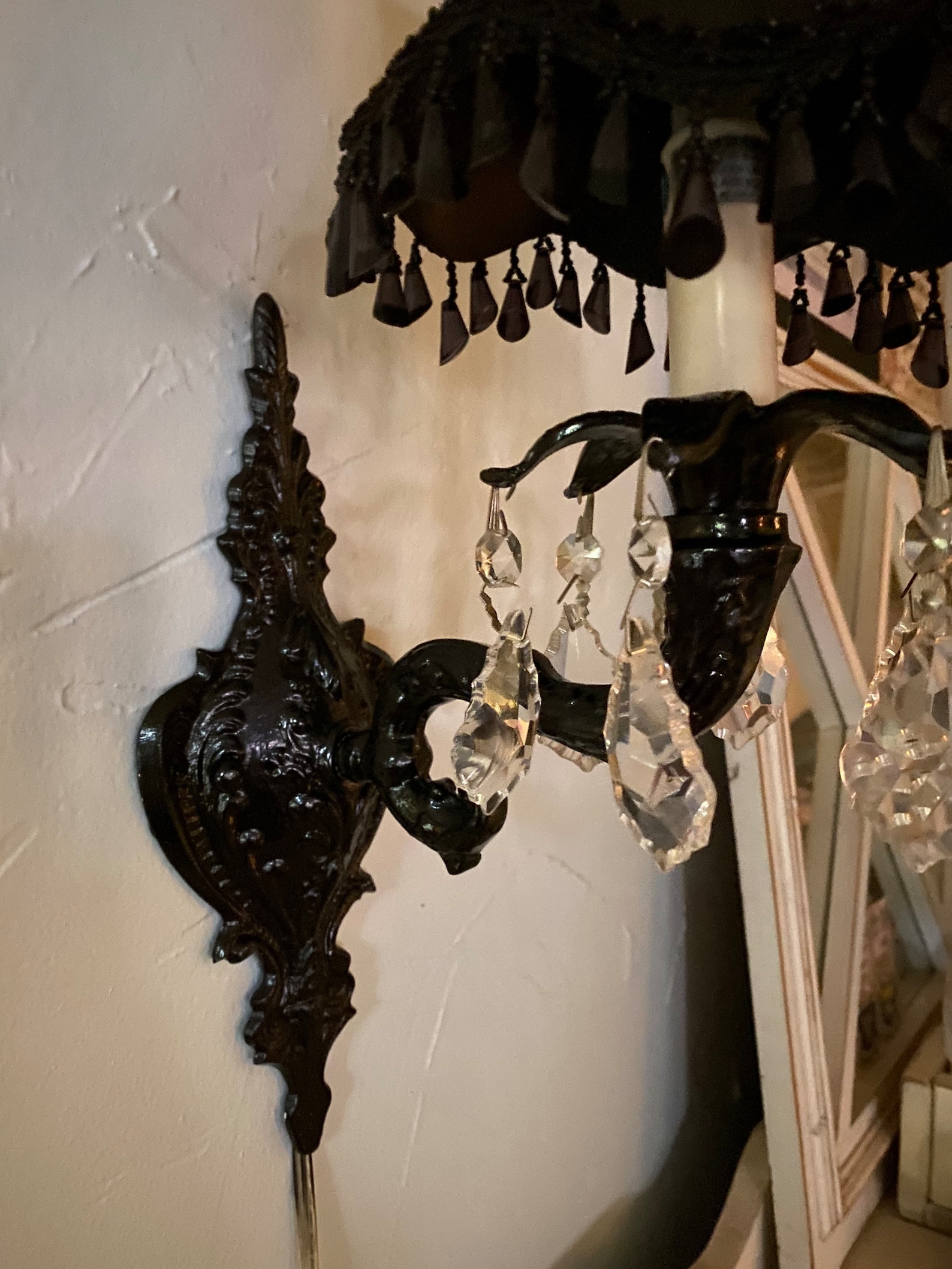 Black Metal Vintage Wall Sconce W Hanging Glass Baubles and Chandelier ...