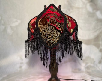 Velvet Peacock Victorian Lampshade for Table Lamp in Maximalist Home, Beaded Fringe