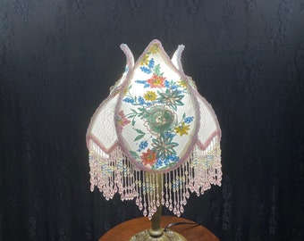 Pastel Victorian Lampshade in Soft Colors with Fairy Lights to Create a Whimsical Atmosphere  -  Beaded Fringe Table Shade,