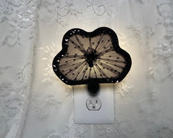 Black Tulle Victorian Nightlight in a Fan Shape, Unique Guest Room Wall Sconce, One of a Kind