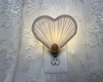 Silk Chiffon Victorian Nightlight in a Ivory Heart Shape, Unique Guest Room Wall Sconce, One of a Kind