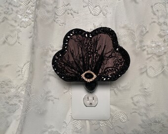 Black Chantilly Lace Victorian Nightlight in a Fan Shape, Guest Room Accent, One of a kind