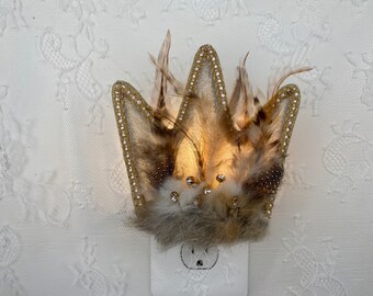 Nature Lovers Fairy Nightlight, with Feathers and Fur, Guest Room Decor, Bathroom Light