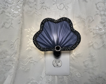 Grey Silk chiffon Victorian Nightlight in a Fan Shape, Unique Guest Room Wall Sconce, One of a Kind for Gothic Decor