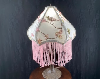 Pink Victorian Lampshade with Vintage-inspired Embroidered Birds and Trees - Ideal for Adding Charm to Your Nature Loving Home Decor