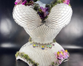 Vintage Wire Mesh Bustier Form with Fairy Accents , Unique Nature Inspired Table Centerpiece, Bridal or Shower for Bohemians or Maximalists