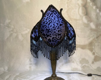 Lavender and Black Victorian Style Lampshade in an Animal Print for Maximalist Gothic Home, Beaded Fringed Decor