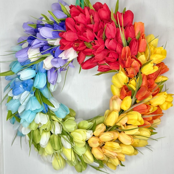 Rainbow Wreath, LGBTQ Pride, Spring Wreath, Easter Wreath, Silk Florals, Front Door, Tuilp Wreath