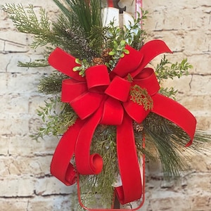 Red Vintage Wooden Sled, Rustic Farmhouse Design, Holiday Door, Front Door, Christmas Decor, Winter Pine Greenery, Red Velvet Ribbon