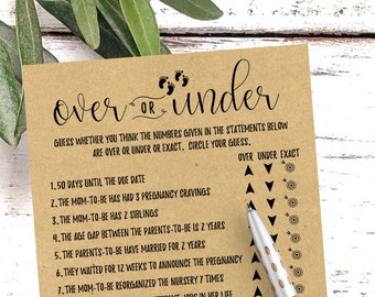 Over Or Under Baby Shower Game, Printable, Baby Shower games, Fun Activities, Brunch Games, Rustic+White, Instant Download, Games for Guests