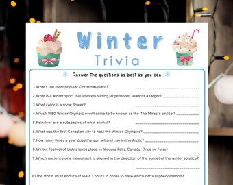 May include: A printable winter trivia game for children and adults. The design is blue and white, with cupcake illustrations and the title "Winter Trivia." The game includes questions about winter, the Arctic, and Christmas.