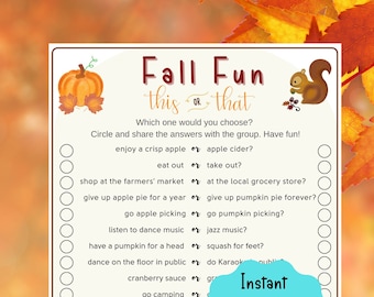 Fall Fun This or That Game | Autumn Game | Party Games | Family Activity Family | Zoom | Icebreaker | Instant Download | Thanksgiving