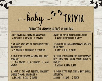 Baby Shower Baby Trivia  Game, Baby Shower, Printables, Baby Shower Activity, Fun Activity, Baby Shower, Rustic+ White, Instant Download