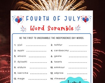 Fourth of July Word Scramble Game: familietrivia (afdrukbare pdf)