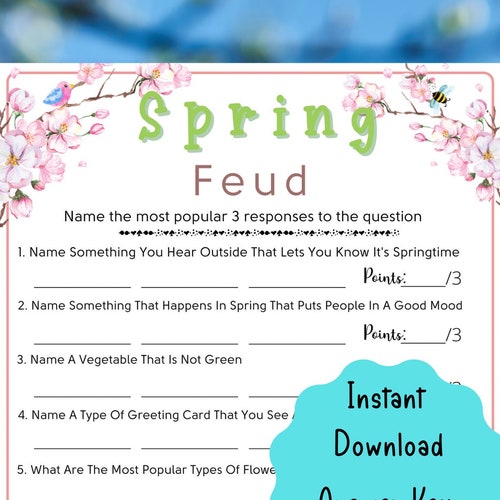 Spring Feud Printable Game Fun Spring Family Feud Party Etsy