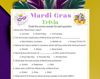 May include: A Mardi Gras trivia game with ten multiple choice questions. The questions cover the meaning of Mardi Gras, its history, and traditions. The game is printed on a purple background with a Mardi Gras mask graphic.