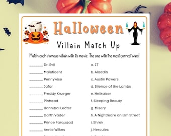 Jeu de match des méchants d'Halloween | Jeux d’Halloween effrayants et amusants imprimables | Anecdotes sur les méchants | Jeux d'Halloween l Jeux de fête d'Halloween Adultes Enfants