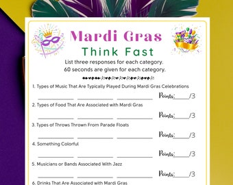 Mardi Gras Think Fast Game | Mardi Gras Printable Game for Kids & Adults | Fun Mardi Gras Game | Mardi Gras Activities l Virtual Game