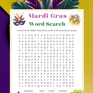 Mardi Gras Word Search Game | Mardi Gras Printable Game for Kids & Adults | Fun Mardi Gras Party Game | Mardi Gras Activities l Virtual Game