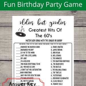 Giochi per il 60° compleanno, Giochi per feste di compleanno per adulti, Nato negli anni '60, Anniversario degli anni '60, Curiosità sul compleanno, Stampabile, Canzoni degli anni '60, Canzoni di successo degli anni '60