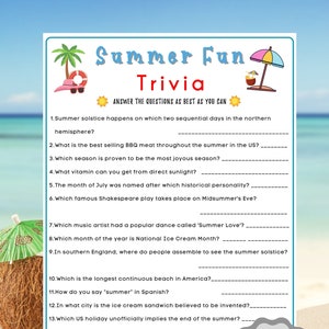 Summer Fun Trivia Game | Summertime Game | Summer Party Game | Printable Game for Family | Summer Game | Zoom Party | Icebreaker| BBQ Game