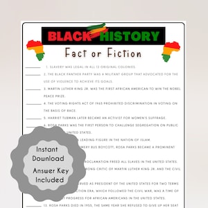 Black History Fact or Fiction Game, Fun Educational Game, Black History Month, African American History School Quiz Kids, Instant Download