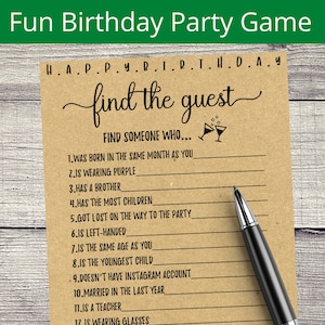 Adult Birthday Party Games, Find The Guest Birthday Games, 20th, 25th, 30th, 35th, 40th, 45th Birthday Trivia, Games for Unisex, Printable