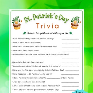 St. Patrick's Day Trivia Game St. Patrick's Day Game for Kids & Adults St. Patrick's Fun Party Game St. Patrick's Classroom Activity image 1