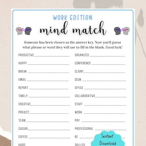 Office Party Printable Mind Match Game | Coworker Staff Game | Fun Work Party Game | Office Retirement Party, Icebreaker Team Building Game