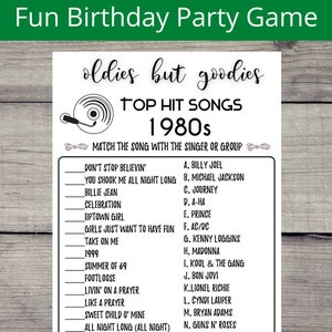 Juego de fiesta de cumpleaños para adultos, canciones más exitosas de la década de 1980, canciones exitosas de la década de 1980, nacido en la década de 1980, aniversario de la década de 1980, juegos imprimibles, juego de cumpleaños número 40,