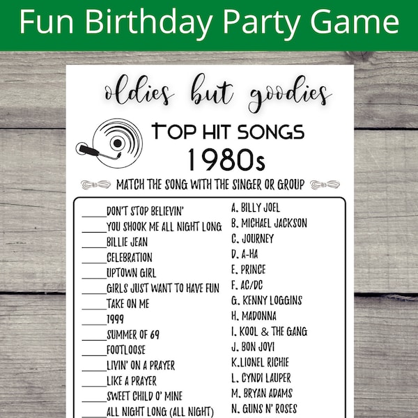 Adult Birthday Party Game, Top Hit Songs in 1980s, 1980s Hit songs, Born in 1980s, 1980s Anniversary, Printable Games, 40th Birthday Game,