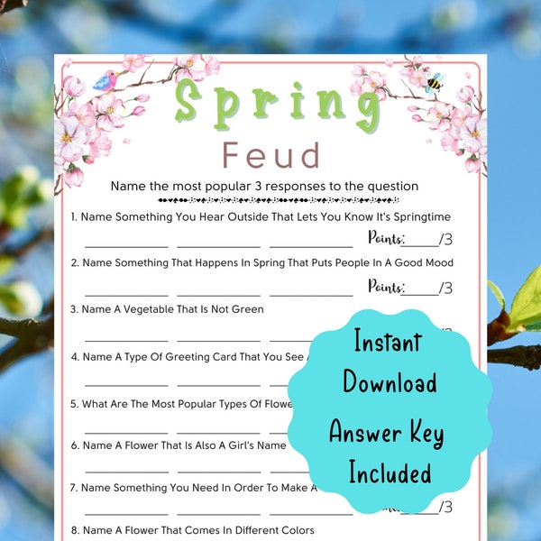 Spring Feud Printable Game | Fun Spring family feud Party Games | Spring Activities for Kids & Adults |Party game | Spring School Activities