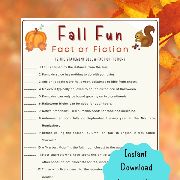 Fall Fun Fact or Fiction Game | Autumn Game | Party Game | Family Activity | Instant Download l Thanksgiving  | Fall Activity Adults & Kids