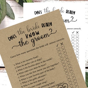 Does The Bride Really Know The Groom Bridal Shower Game, Printable PDF, Bride & Groom Party, Brunch Games, Rustic Minimalist, Newlywed game image 1