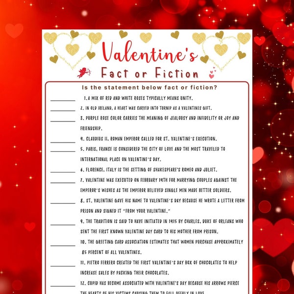 Valentine's Day Fact or Fiction Game | Valentine's Day Quiz | Valentines Printable Game | Galentine's Game | Fun Party Game for Kids, Adults