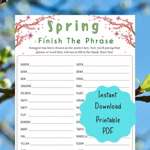 Spring Finish The Phrase Printable Game | Fun Spring Party Game| Spring Activities for Kids & Adults |Party game | Spring School Activities