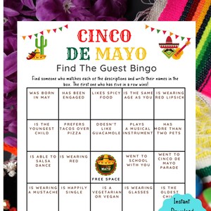 Cinco de Mayo Find The Guest Bingo Game l Printable Game | Mexican Fiesta Game | Fun Cinco de Mayo Classroom Game | Fun Game for Adults |