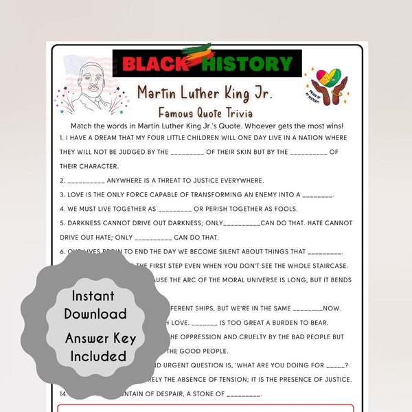 Black History MLK's Famous Quote Trivia, Fun Educational Game, Black History Month, African American History Quiz, Martin Luther King Jr.