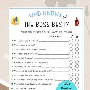 Imprimable Qui connaît le meilleur jeu de fête de bureau Boss | Jeu de personnel de collègue | Fête de travail amusante | Fête de départ à la retraite, Icebreaker TeamBuilding Game
