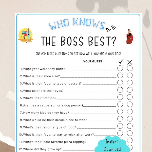 Printable Who Knows The Boss Best Office Party Game | Coworker Staff Game | Fun Work Party | Retirement Party, Icebreaker TeamBuilding Game